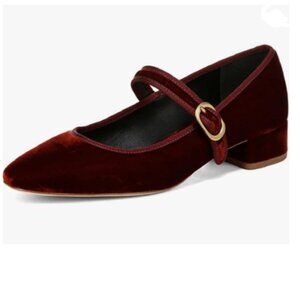 XYD Burgundy Low Heel Chunky Mary Jane Pumps Square Toe Buckled Strap Daily Shoe